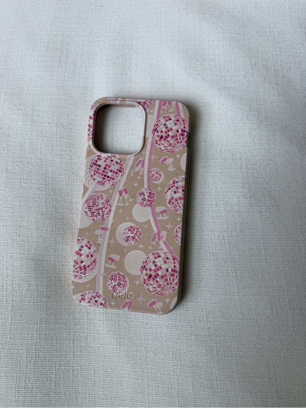Neutral Beige Phone Case with Pink Disco Ball Design iphone 14 pro max